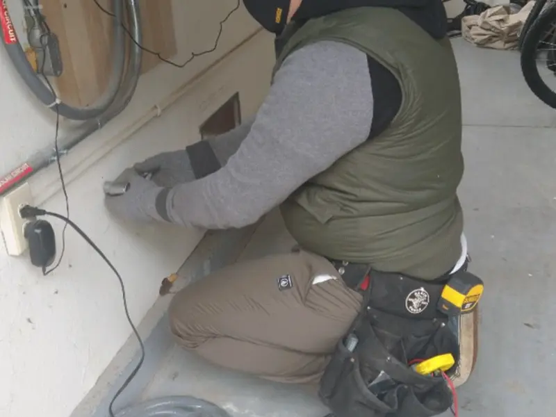 Electrician performing outlet wiring in a Quitman garage